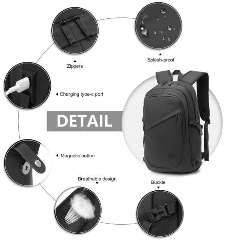 EM2349 - Kono PVC Coated Water - Resistant Tech Backpack With USB Charging Port - Black - Easy Luggage