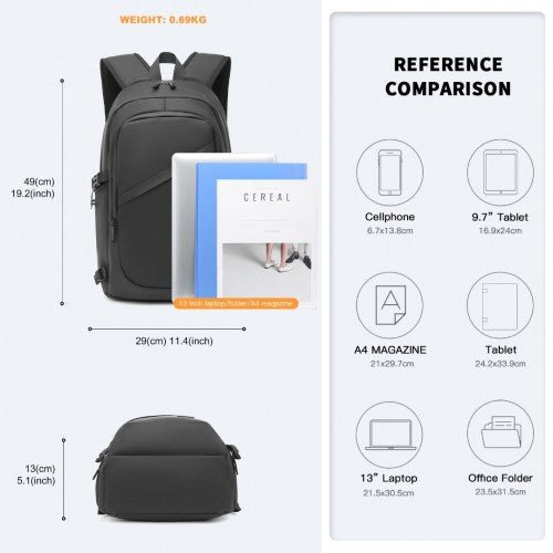 EM2349 - Kono PVC Coated Water - Resistant Tech Backpack With USB Charging Port - Black - Easy Luggage