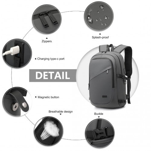 EM2349 - Kono PVC Coated Water - Resistant Tech Backpack With USB Charging Port - Grey - Easy Luggage