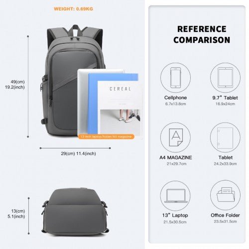 EM2349 - Kono PVC Coated Water - Resistant Tech Backpack With USB Charging Port - Grey - Easy Luggage