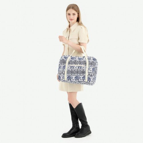 EQ2308E - Kono Foldable Waterproof Storage Cabin Travel Handbag Elephant Print - Navy And Beige - Easy Luggage