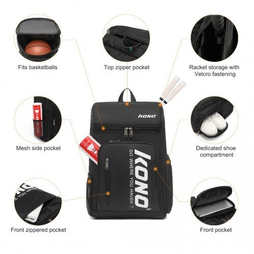 EQ2313 - Kono Versatile Sports Backpack With Independent Shoe Compartment - Black - Easy Luggage