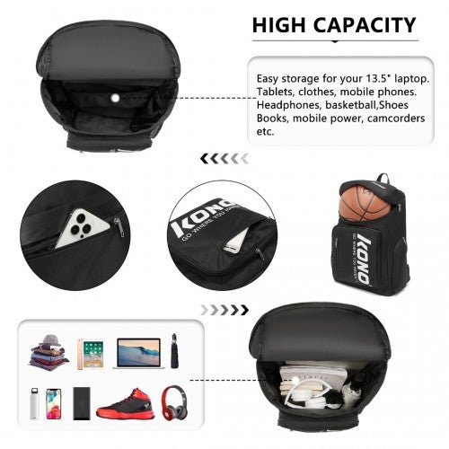 EQ2313 - Kono Versatile Sports Backpack With Independent Shoe Compartment - Black - Easy Luggage