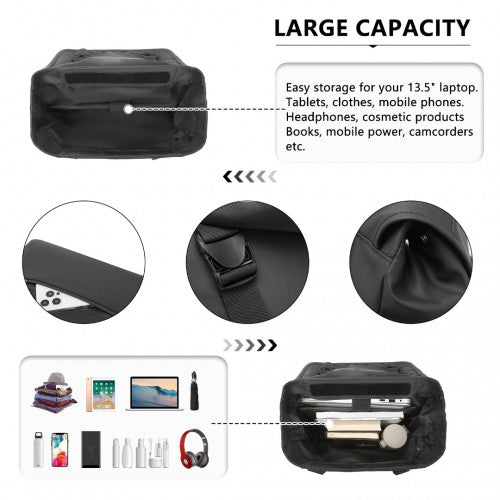 EQ2327 - Kono PVC Coated Water - resistant Streamlined And Innovative Flap Backpack - Black - Easy Luggage