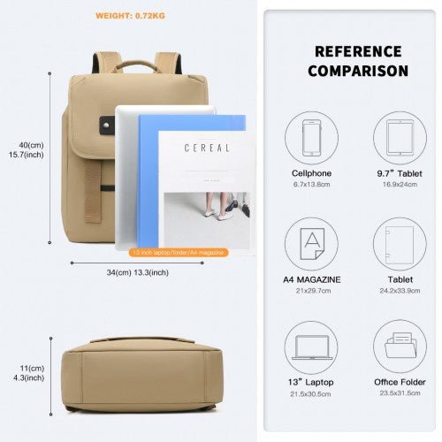 EQ2327 - Kono PVC Coated Water - resistant Streamlined And Innovative Flap Backpack - Khaki - Easy Luggage