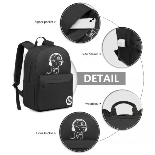 EQ2360 - Kono Durable Polyester Glow - in - the - Dark School Backpack - Black - Easy Luggage