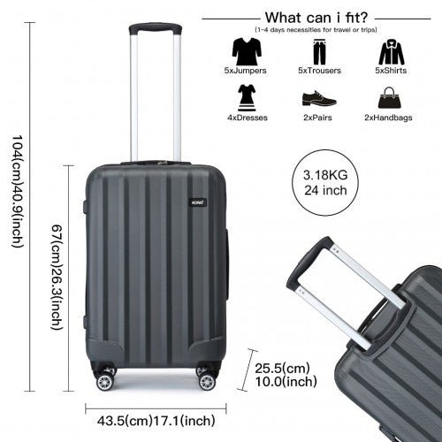 K1773 - 1L - Kono 19/24/28 Inch 3 Piece Set Striped ABS Hard Shell Luggage with 360 - Degree Spinner Wheels - Grey - Easy Luggage