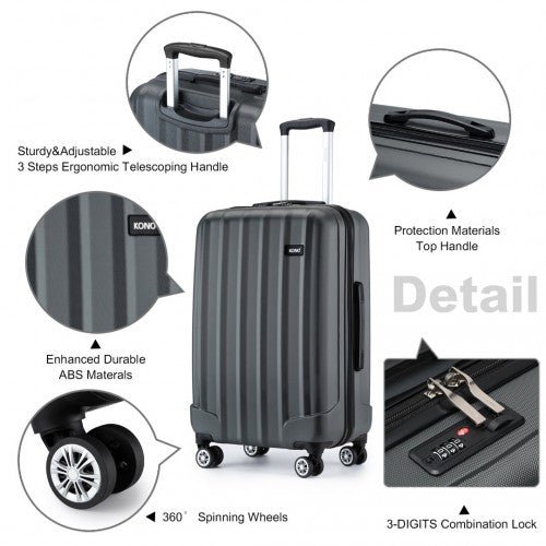 K1773 - 1L - Kono 19/24/28 Inch 3 Piece Set Striped ABS Hard Shell Luggage with 360 - Degree Spinner Wheels - Grey - Easy Luggage
