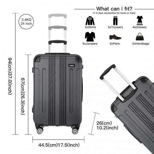 K1777 - 1L - Kono 24 Inch ABS Lightweight Compact Hard Shell Travel Luggage For Extended Journeys - Grey - Easy Luggage