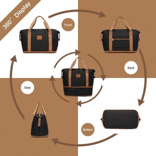 K1871 - 1L+EA2212 - Kono ABS 4 Wheel Suitcase Set With Vanity Case And Weekend Bag And Toiletry Bag - Black And Brown - Easy Luggage