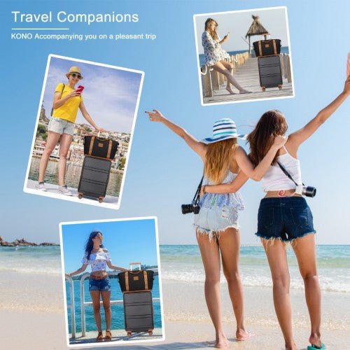 K1871 - 1L+EA2212 - Kono ABS 4 Wheel Suitcase Set With Vanity Case And Weekend Bag And Toiletry Bag - Black And Brown - Easy Luggage