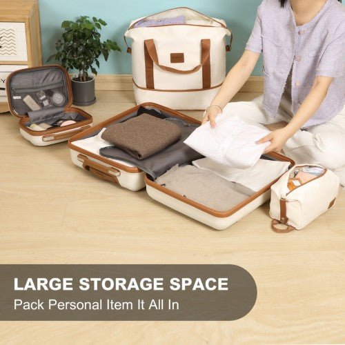 K1871 - 1L+EA2212 - Kono ABS 4 Wheel Suitcase Set With Vanity Case And Weekend Bag And Toiletry Bag - Cream - Easy Luggage