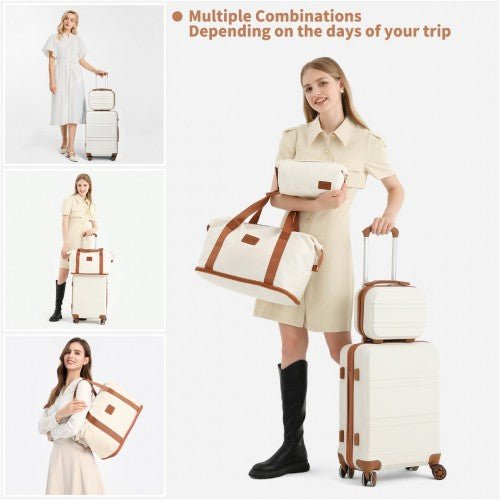 K1871 - 1L+EA2212 - Kono ABS 4 Wheel Suitcase Set With Vanity Case And Weekend Bag And Toiletry Bag - Cream - Easy Luggage