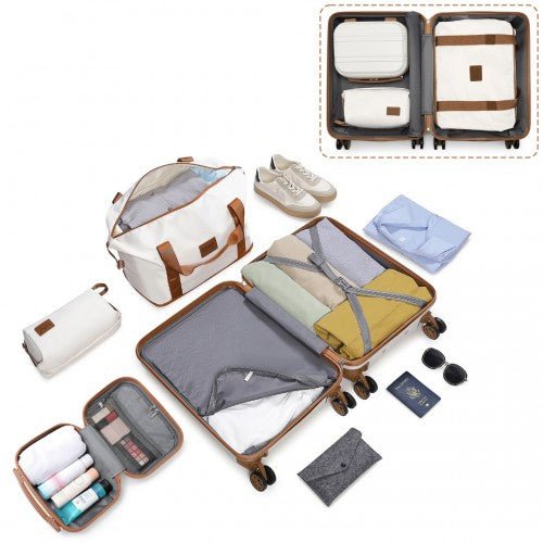 K1871 - 1L+EA2212 - Kono ABS 4 Wheel Suitcase Set With Vanity Case And Weekend Bag And Toiletry Bag - Cream - Easy Luggage