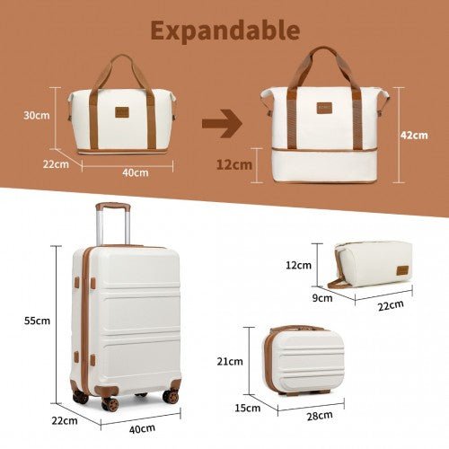 K1871 - 1L+EA2212 - Kono ABS 4 Wheel Suitcase Set With Vanity Case And Weekend Bag And Toiletry Bag - Cream - Easy Luggage