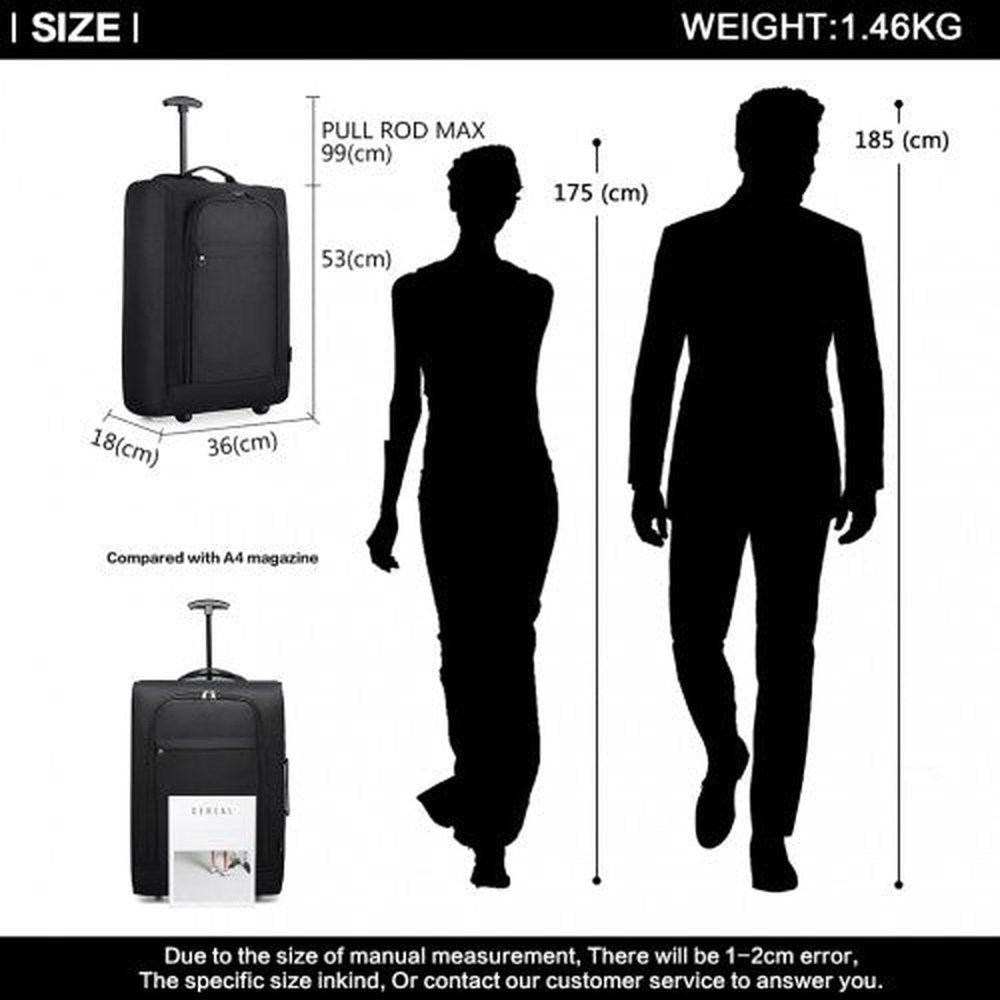 K1873 - 2 - Kono CABIN SIZE SOFT SHELL HAND LUGGAGE - BLACK - Easy Luggage