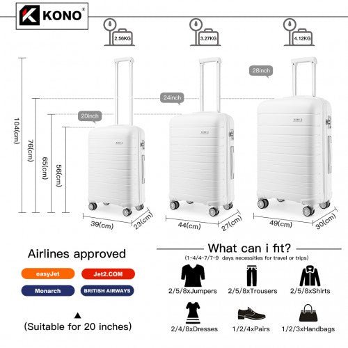 K2091L - Kono Multi Texture Hard Shell PP Suitcase 3 Pieces Set - Classic Collection - White - Easy Luggage
