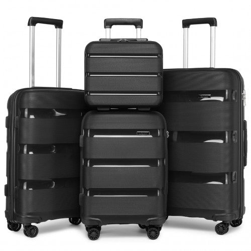 K2092L - Kono Bright Hard Shell PP Suitcase With TSA Lock And Vanity Case 4 Pieces Set - Classic Collection - Black - Easy Luggage