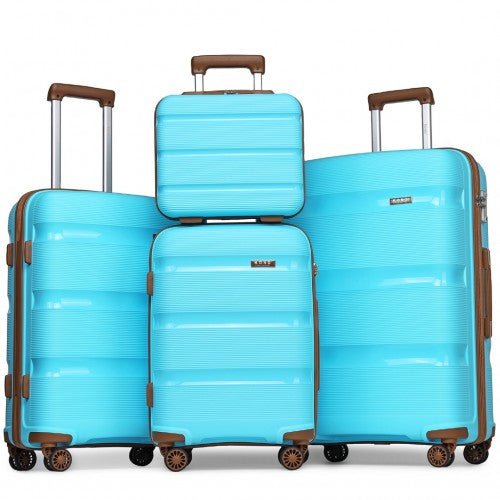 K2092L - Kono Bright Hard Shell PP Suitcase With TSA Lock And Vanity Case 4 Pieces Set - Classic Collection - Blue and Brown - Easy Luggage