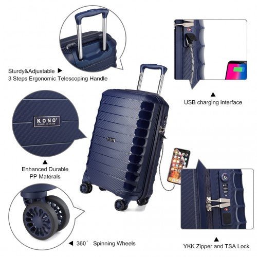 K2093 - Kono Cabin Size Classic Collection Polypropylene Luggage with Charging Interface - Navy Blue - Easy Luggage