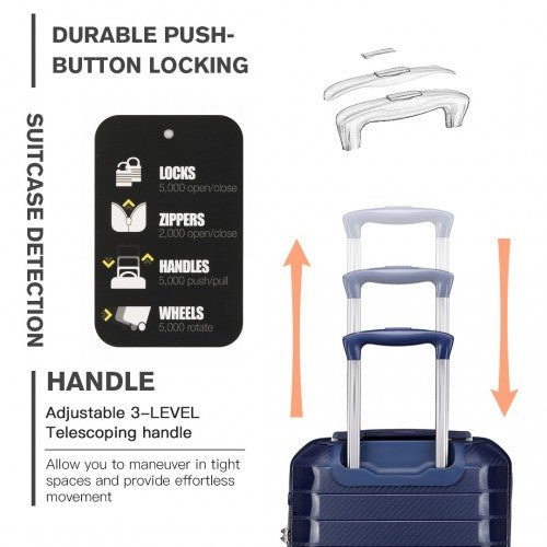 K2093 - Kono Cabin Size Classic Collection Polypropylene Luggage with Charging Interface - Navy Blue - Easy Luggage