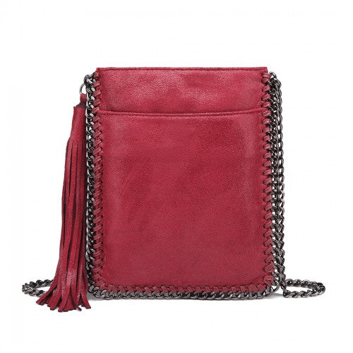 Easy Luggage E6845 - Miss Lulu Leather Look Chain Shoulder Bag with Tassel Pendant - Burgundy