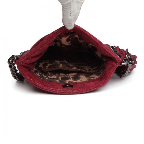 Easy Luggage E6845 - Miss Lulu Leather Look Chain Shoulder Bag with Tassel Pendant - Burgundy