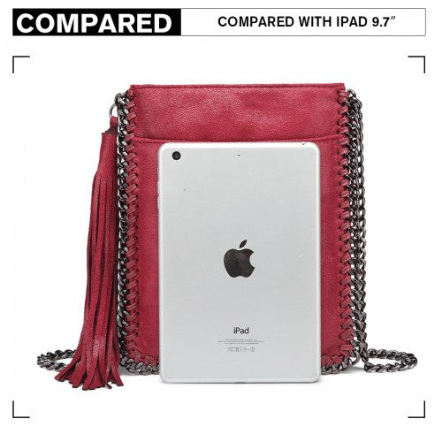 Easy Luggage E6845 - Miss Lulu Leather Look Chain Shoulder Bag with Tassel Pendant - Burgundy