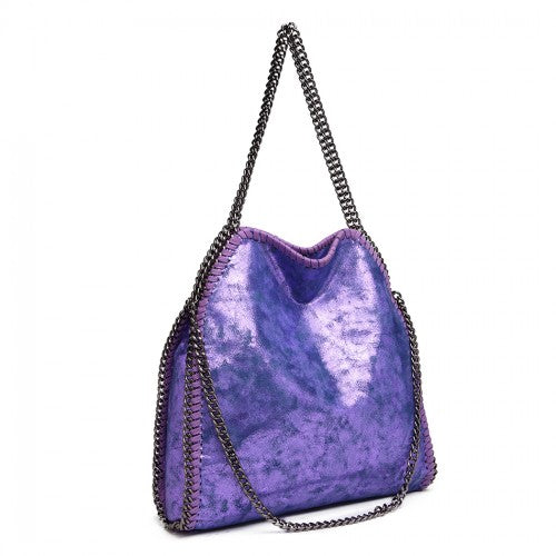 Easy Luggage S1760 - Miss Lulu Metallic Effect Chain Tote Bag - Purple
