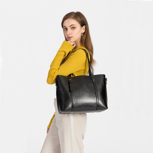 Easy Luggage E6709 - Miss Lulu Trendy Womens Tote Bags Wax Leather - Black