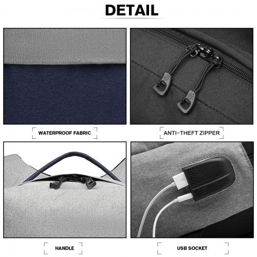 Easy Luggage E6891 - Kono Waterproof Basic Backpack with USB Charging Port - Grey/Blue