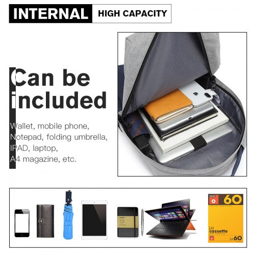 Easy Luggage E6891 - Kono Waterproof Basic Backpack with USB Charging Port - Grey/Blue