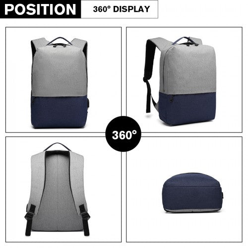 Easy Luggage E6891 - Kono Waterproof Basic Backpack with USB Charging Port - Grey/Blue