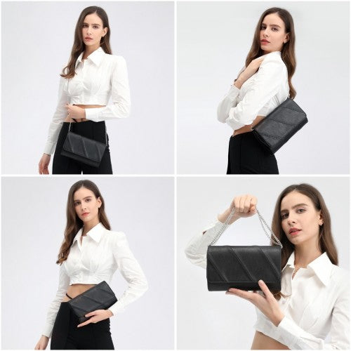 Easy Luggage EH2257 - Miss Lulu Stylish Twill Clutch Leather Chain Evening Bag - Black