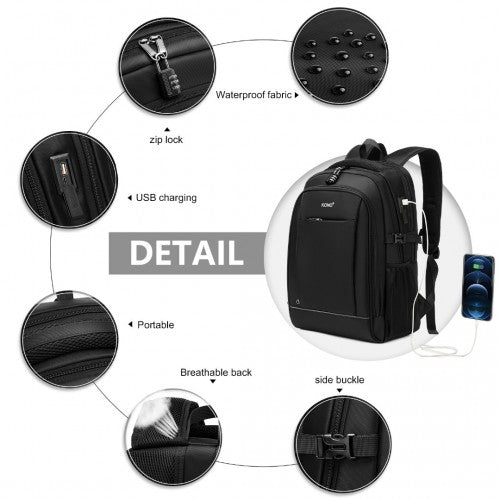 Easy Luggage EM2130 - Kono Functional Travel Backpack With USB Charging Port - Black
