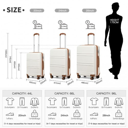 Easy Luggage K1871-1L - Kono ABS Sculpted Horizontal Design 3 Piece Suitcase Set - Cream