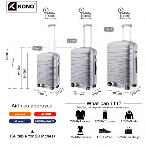 Easy Luggage K2091L - Kono Multi Texture Hard Shell PP Suitcase 3 Pieces Set - Classic Collection - Grey