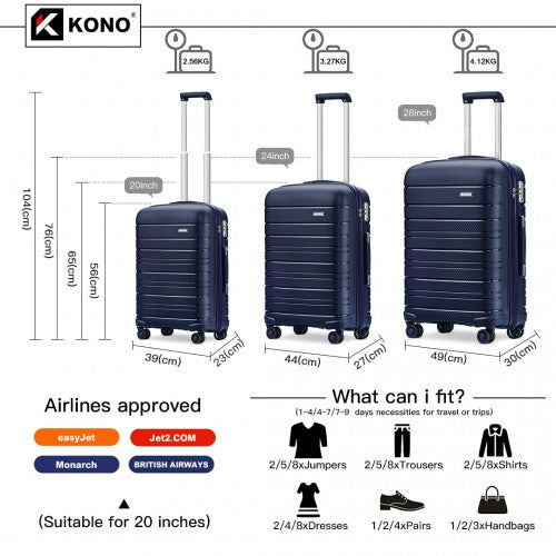 Easy Luggage K2091L - Kono Multi Texture Hard Shell PP Suitcase 3 Pieces Set - Classic Collection - Navy
