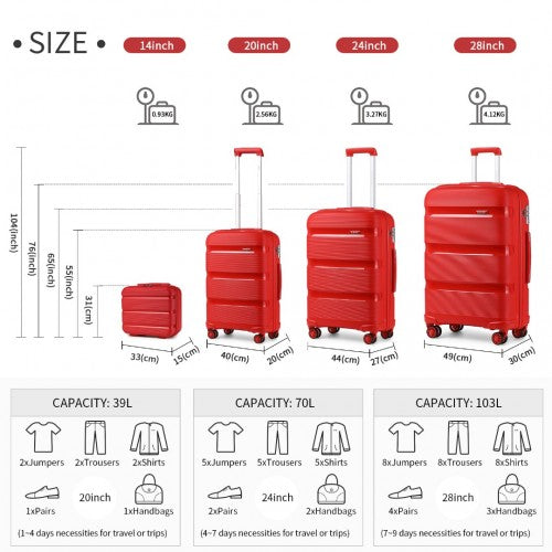 Easy Luggage K2092L - Kono Bright Hard Shell PP Suitcase With TSA Lock And Vanity Case 4 Pieces Set - Classic Collection - Red