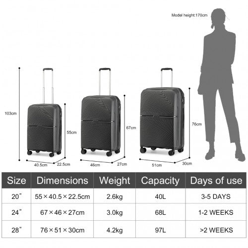 Easy Luggage K2393L - British Traveller 3 Pcs Set Spinner Hard Shell PP Suitcase With TSA Lock - Black