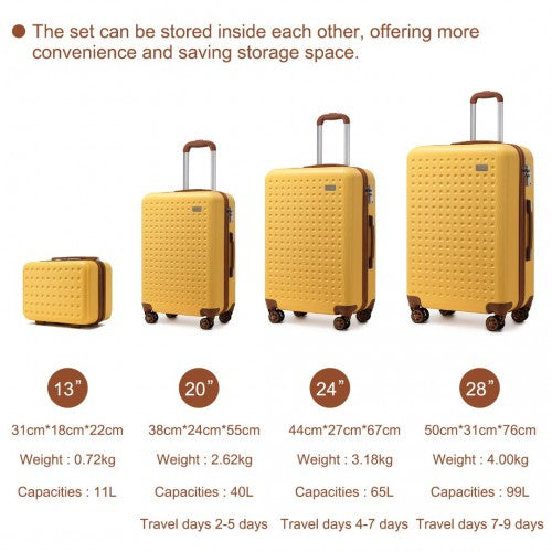 Easy Luggage K2394L - Kono Flexible Hard Shell ABS Suitcase With TSA Lock And Vanity Case 4 Piece Set - Yellow