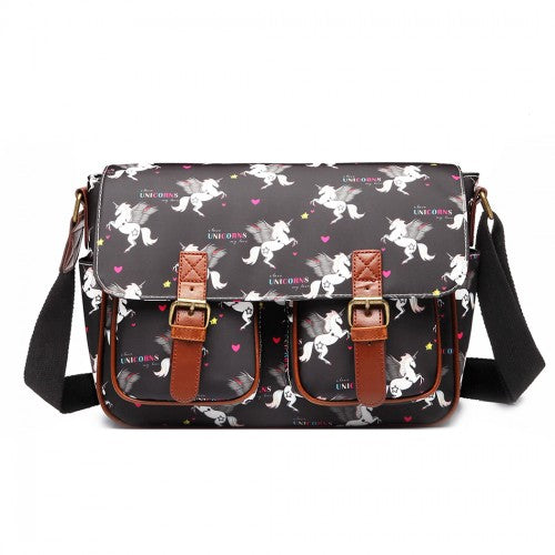 Easy Luggage L1107 UN - Miss Lulu Matte Oilcloth Unicorn Satchel - Black