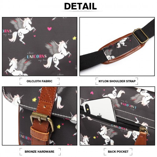 Easy Luggage L1107 UN - Miss Lulu Matte Oilcloth Unicorn Satchel - Black