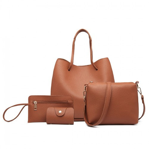 LB1937 MISS LULU 4 PIECE SET SHOULDER TOTE HANDBAG BROWN