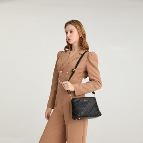 Easy Luggage LB2237 - Miss Lulu PU Leather Rhombus Shoulder Bag - Black