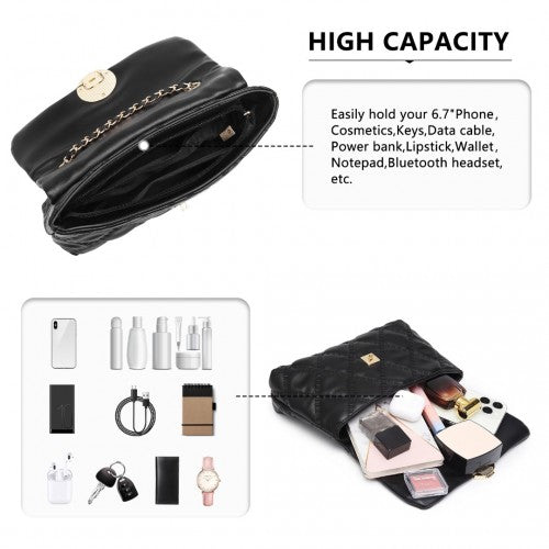 Easy Luggage LB2242 - Miss Lulu Smooth Flap Chain Shoulder Bag - Black
