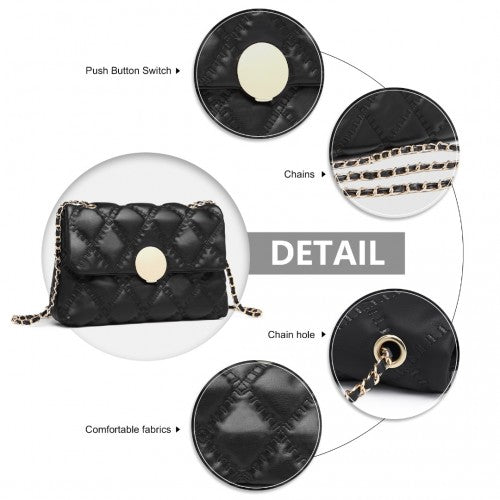 Easy Luggage LB2242 - Miss Lulu Smooth Flap Chain Shoulder Bag - Black