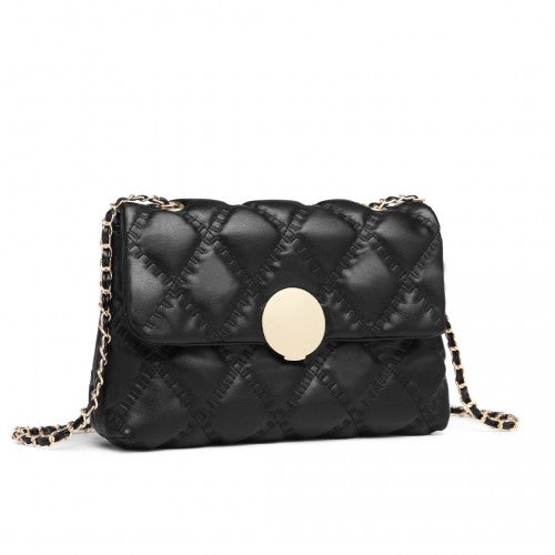 Easy Luggage LB2242 - Miss Lulu Smooth Flap Chain Shoulder Bag - Black