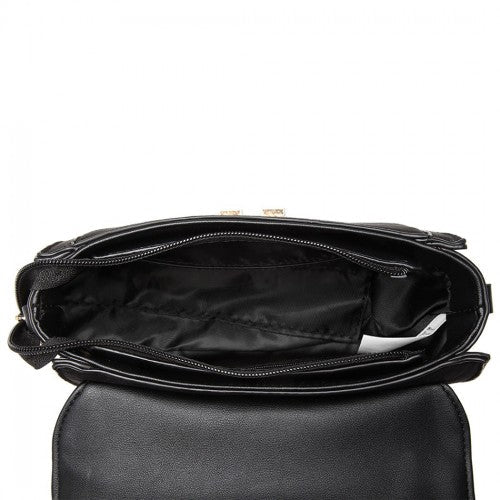 Easy Luggage LB6872 - Miss Lulu Matte PU Leather Midi Handbag Cross Body Bag - Black