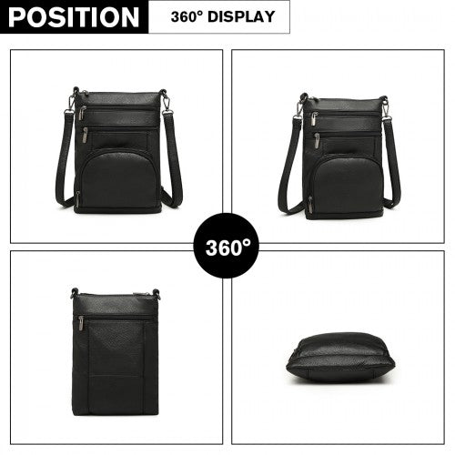 Easy Luggage LB6927 - Miss Lulu Multi Pocket Leather Look RFID-Blocking Cross Body Bag - Black
